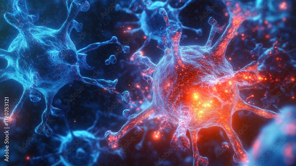 Microscopic view of viruses, glowing red and blue, intricate detail. Microscopic view of viruses, glowing red and blue, intricate detail.