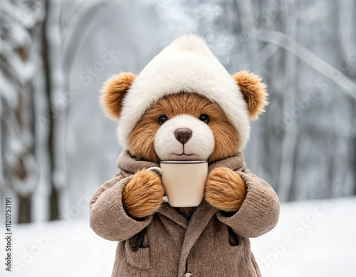 a whimsical teddy bear dressed in winter attire, winter background, she holding a cup of cocoa, show the steam rising from the cup to show the cocoa is hot - generated by ai photo