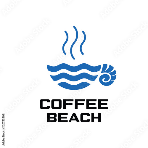 Coffee Beach Enjoy Logo Simple Creative. Coffee Cup + Wave Sea + Shell.