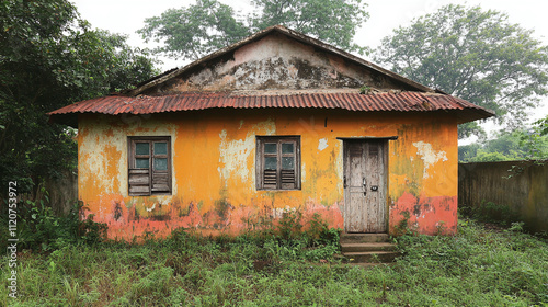 Weathered poverty house home, dilapidated building exterior old architecture, neglected dirty wall poor urban, slum broken run down, shabby abandoned rural.