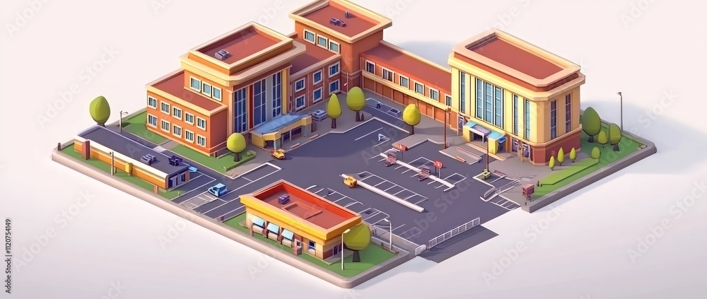 Colorful 3D illustration of a modern building complex. Colorful 3D illustration of a modern building complex.