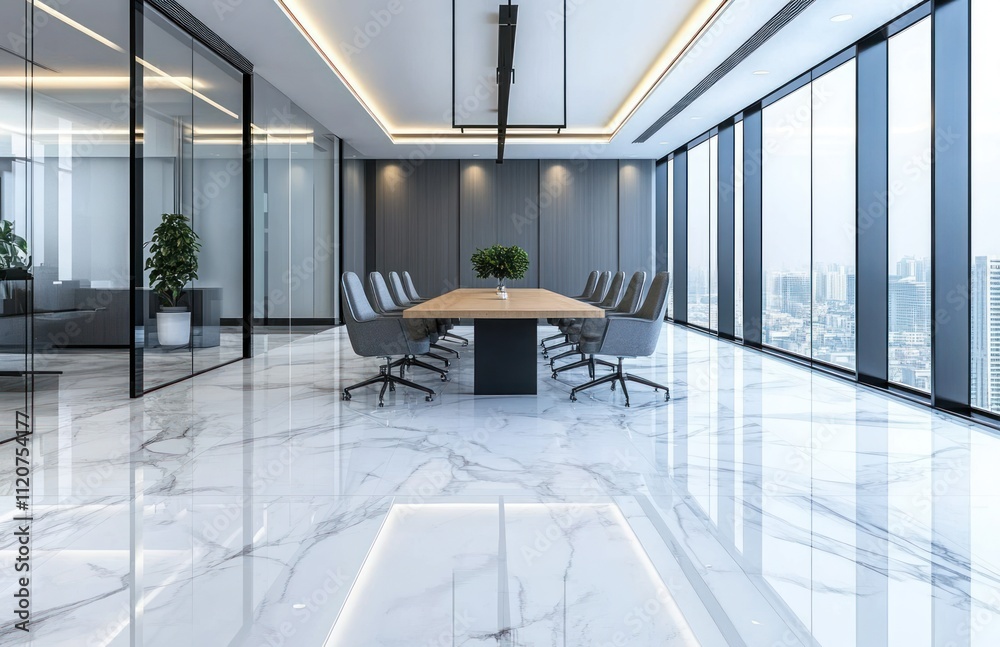 Modern, spacious boardroom with marble floor, large windows, and city view. Modern, spacious boardroom with marble floor, large windows, and city view.