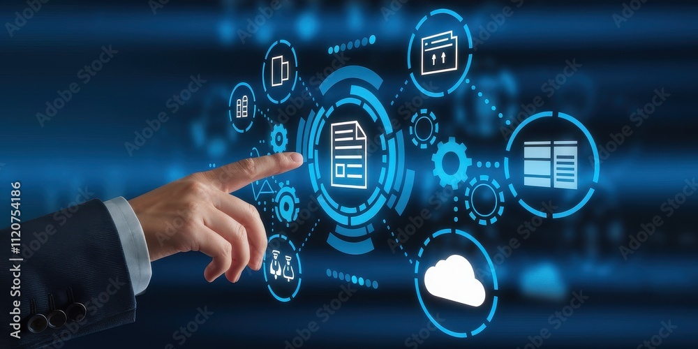 Businessman Interacting with Digital Technology in Blue Technological Background