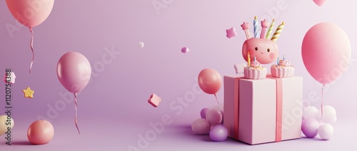 Festive birthday scene with cake and balloons.