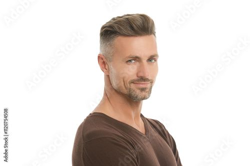 Portrait of handsome guy with hairstyle. Stylish men hair fashion. Caucasian mature man. Man face portrait isolated on white. Handsome mature man with hair. Stylish male. Men casual style