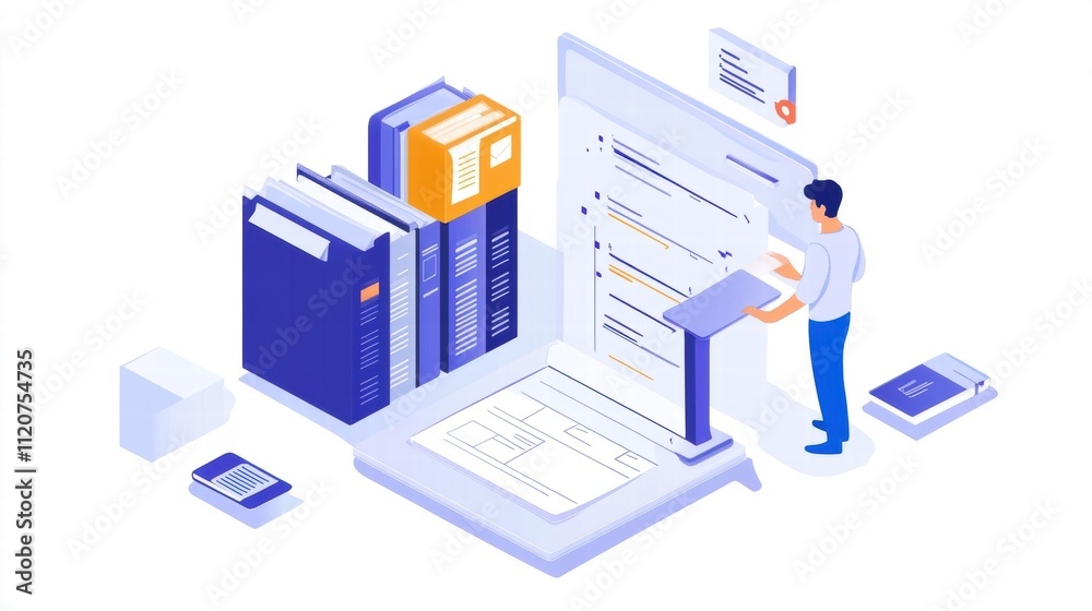 Isometric of Man Working with Documents and Books Isometric of Man Working with Documents and Books