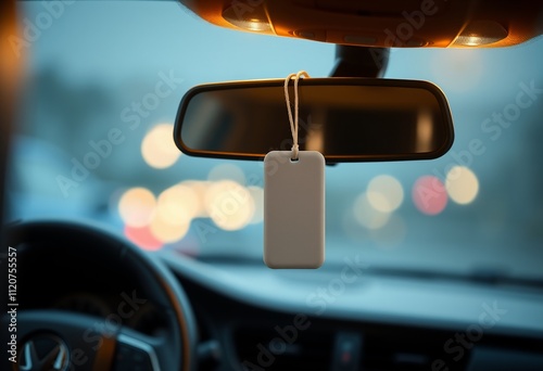 Blank car air freshener hanging from rearview mirror. photo