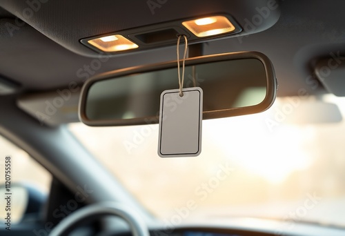 Blank car air freshener tag hanging from rearview mirror.