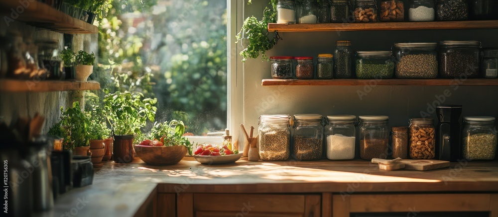 Sunlight streams through a window in a kitchen, illuminating a wooden countertop, fresh produce, and pantry shelves stocked with ingredients. Sunlight streams through a window in a kitchen, illuminating a wooden countertop, fresh produce, and pantry shelves stocked with ingredients.