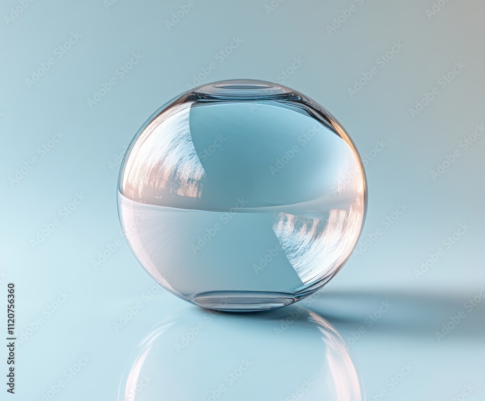 Transparent Glass Orb on Soft Blue Gradient Background with Light Reflections and Shadows Transparent Glass Orb on Soft Blue Gradient Background with Light Reflections and Shadows