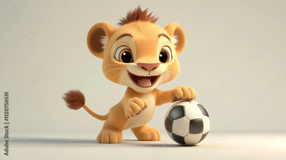 Cute cartoon lion cub playing with a soccer ball. Cute cartoon lion cub playing with a soccer ball.