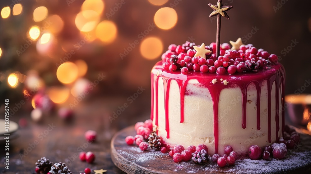 Festive cake decorated with berries and stars. Festive cake decorated with berries and stars.