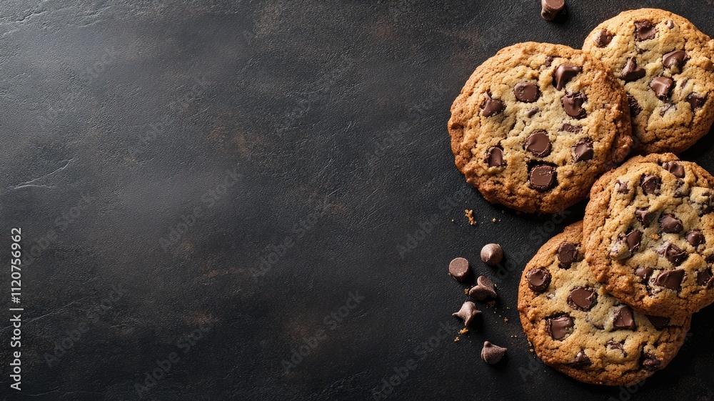 Chocolate chip cookies on dark textured surface with scattered chips