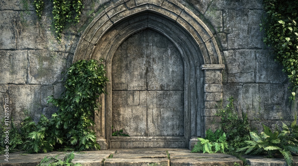 Overgrown stone archway with ancient wooden door. Overgrown stone archway with ancient wooden door.