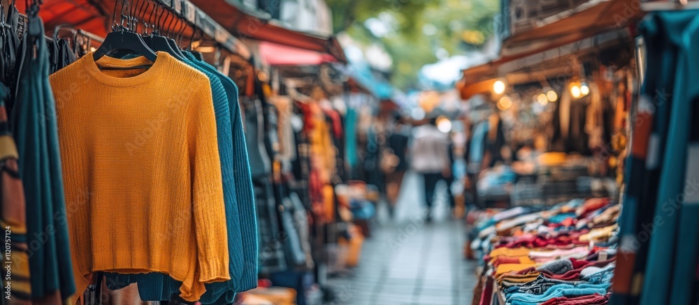 Naklejka premium A bustling street market with clothing for sale, showcasing a vibrant yellow sweater in the foreground.