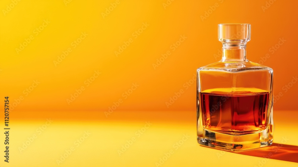 Glass whiskey decanter with amber liquid on yellow background Glass whiskey decanter with amber liquid on yellow background
