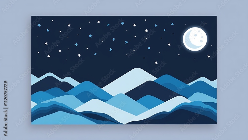 Naklejka premium Minimalist night landscape: crescent moon, starry sky, and overlapping blue mountain ranges, creating a serene and tranquil moonlit scene with cool tones.