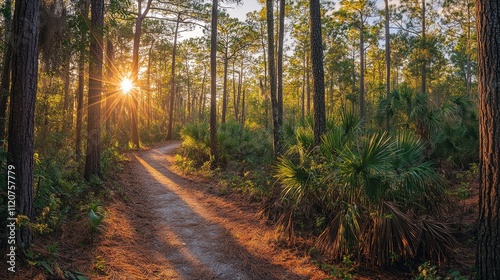 Sun rays illuminate a path through a pine forest at sunset.