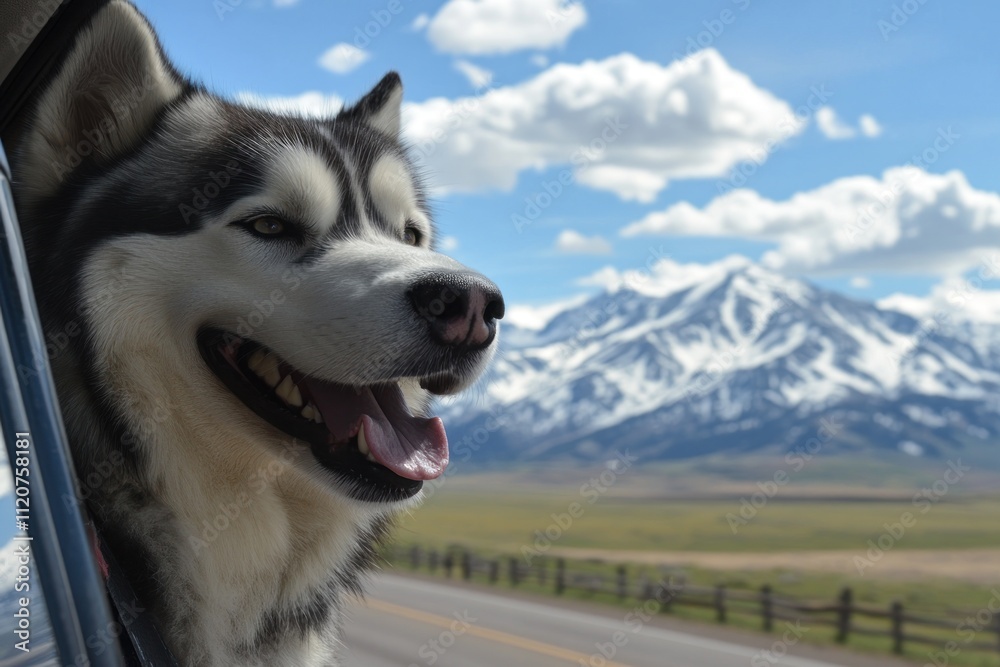 Fototapeta premium Happy dog enjoying a scenic car ride.