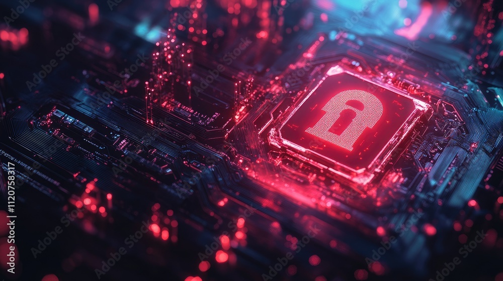 Red glowing padlock icon on a circuit board, representing digital security and data protection. Red glowing padlock icon on a circuit board, representing digital security and data protection.