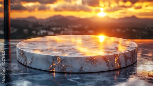 A podium with a polished marble surface, reflecting the warm glow of a golden sunset in the background.