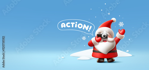 Merry christmas, Santa claus hand holding photo camera, say actions, on snow with blue banner background, Eps 10 vector illustration
