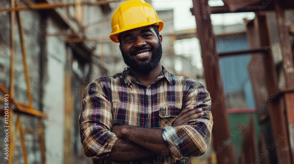 Skilled construction worker smiling confidently at a work site during daylight hours Skilled construction worker smiling confidently at a work site during daylight hours