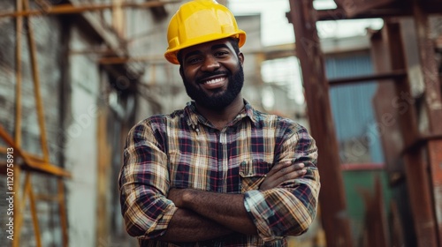 Skilled construction worker smiling confidently at a work site during daylight hours