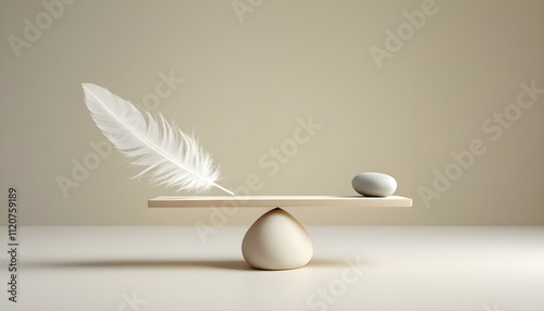 A minimal set of scales balanced with a feather on one side and a small stone on the other, set against a soft neutral gradient background, symbolizing harmony and balance.