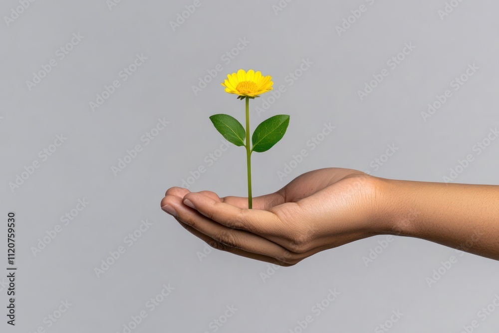 Green Energy in Hand: Holding a Sustainable Plant with Yellow Flower and Wire on Light Background - Renewable Eco Power Concept Green Energy in Hand: Holding a Sustainable Plant with Yellow Flower and Wire on Light Background - Renewable Eco Power Concept