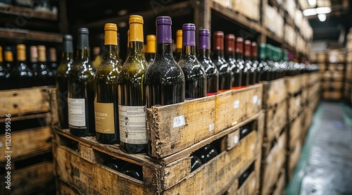 Rows of wine bottles in wooden crates inside a warehouse.