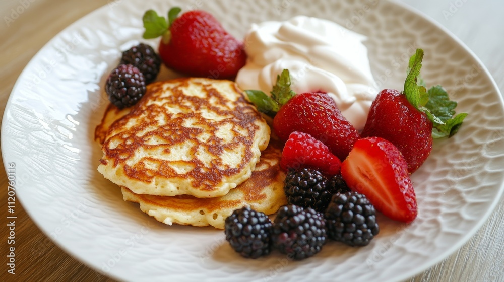 Delicious pancakes served with fresh berries and cream on a decorative plate at breakfast time Delicious pancakes served with fresh berries and cream on a decorative plate at breakfast time