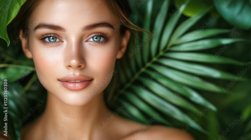 Beautiful Woman with Clear Skin Amidst Lush Greenery Beautiful Woman with Clear Skin Amidst Lush Greenery