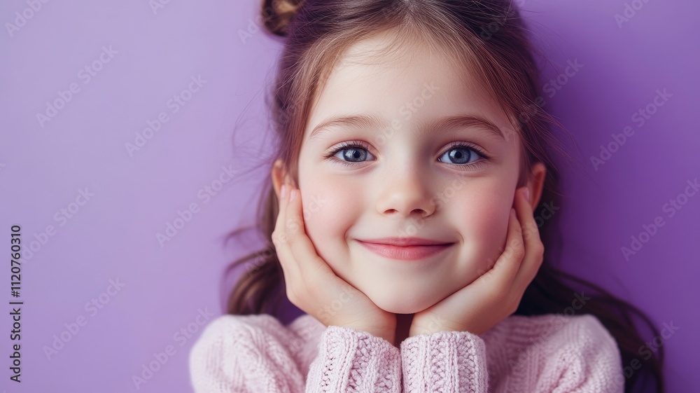 Smiling caucasian girl with light brown hair posing against purple background Smiling caucasian girl with light brown hair posing against purple background