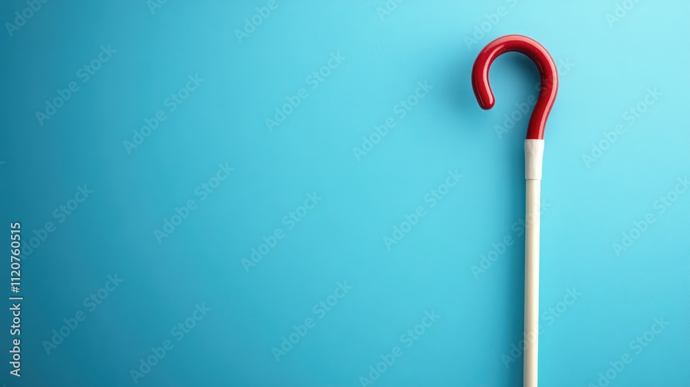White cane with red handle on blue background White cane with red handle on blue background