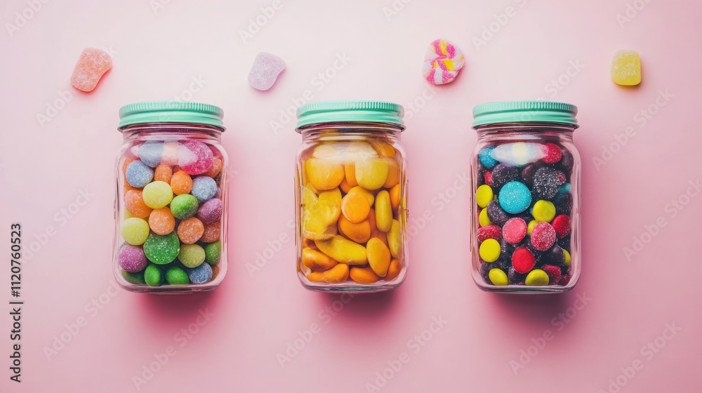 Colorful jars filled with various candies. Colorful jars filled with various candies.