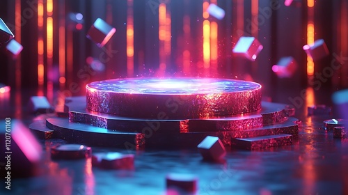 A sleek, metallic podium with a holographic glow, surrounded by floating geometric shapes.