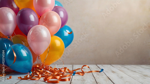 colorful party balloons on plain background, Happy birthday balloons with copy space. space collection of colorful balloons for text