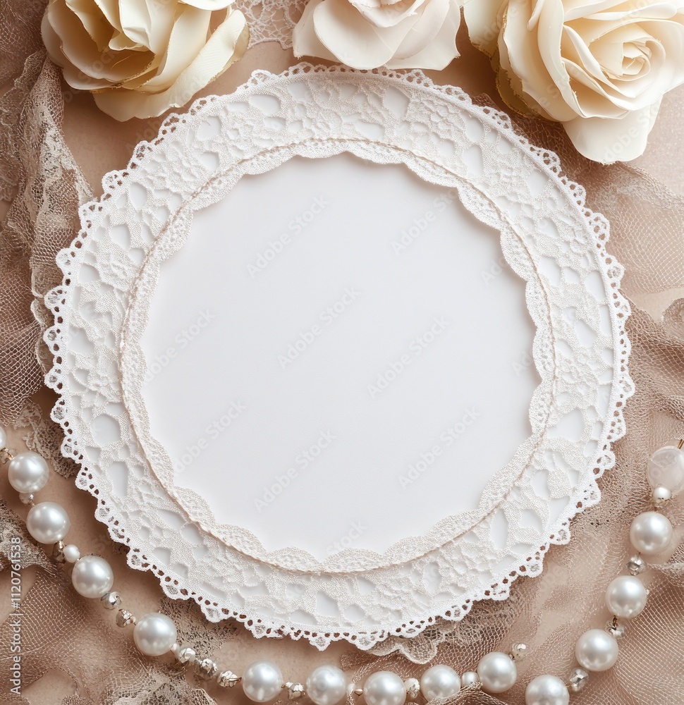Elegant lace-bordered plate with roses and pearls. Elegant lace-bordered plate with roses and pearls.