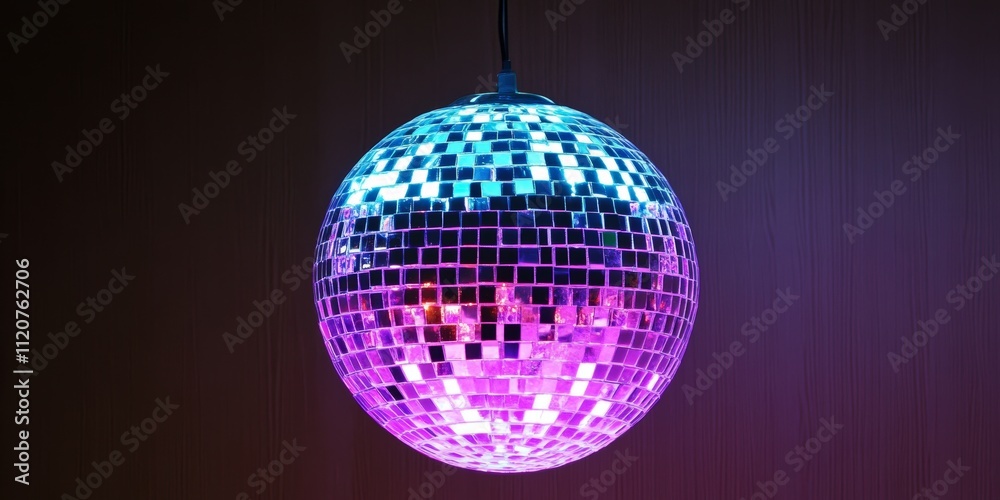 Obraz premium Sparkling disco ball reflecting colorful lights in a dimly lit room at a lively party