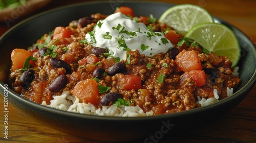 Spicy beef chili with rice, beans, and sour cream.