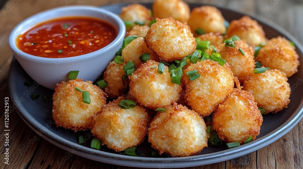 Golden crispy cheese-filled wonton bites served with vibrant sweet chili dipping sauce, garnished with green onions, placed on a rustic wooden table with soft natural lighting.