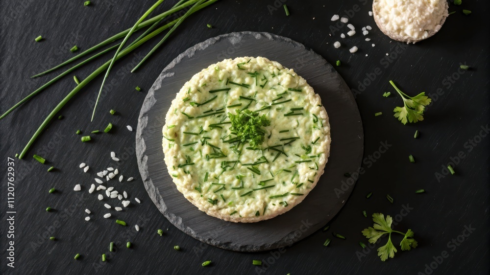 Puffed Rice Cake Topped With Chive and Herb Spread on a Black Slate Serving Board. Generative AI Puffed Rice Cake Topped With Chive and Herb Spread on a Black Slate Serving Board. Generative AI