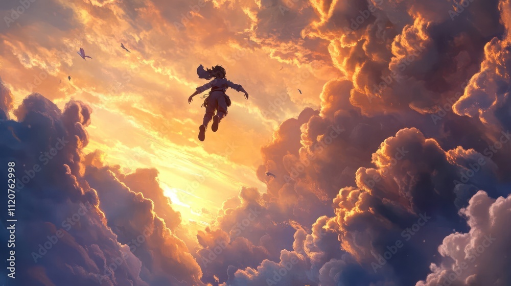 Photo character flying high in the sky with orange clouds Photo character flying high in the sky with orange clouds
