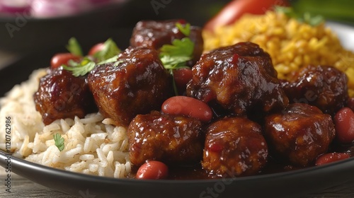 Spicy meatballs in sauce with rice and beans.