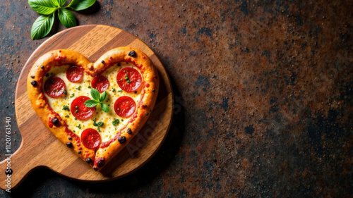Heart-shaped pizza with pepperoni slices on a wooden serving board with copy space. Valentine's Day food concept. Design for menu, banner, poster, invitation, greeting card, postcard, wallpaper