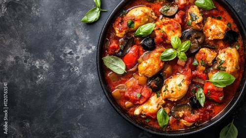 Stewed chicken in tomato sauce with olives and fresh basil black bowl