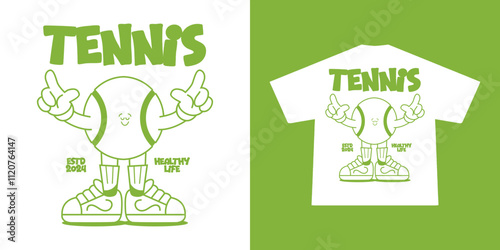 Funny cartoon character of tennis ball. Can be used as Sticker, posters, prints. Retro cartoon style. Vector illustration