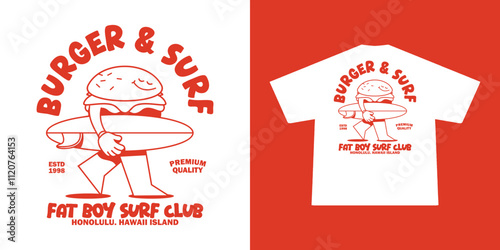 Funny cartoon character of burger and surf. Can be used as Sticker, posters, prints. Retro cartoon style. Vector illustration