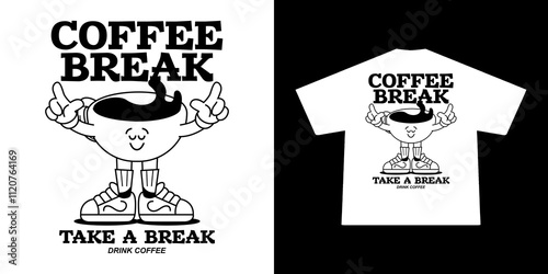 Funny cartoon character of a cup coffee. Can be used as Sticker, posters, prints. Retro cartoon style. Vector illustration